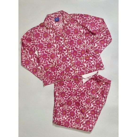 PINE CONE HILL Fine Linens Two Piece Pajama Set Sleep Pink Green Floral Medium - Picture 1 of 10